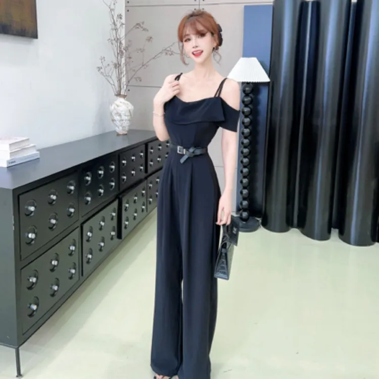  夏季新款荷叶摆可吊带可一字肩设计酷飒修身显瘦连体裤➕腰带 