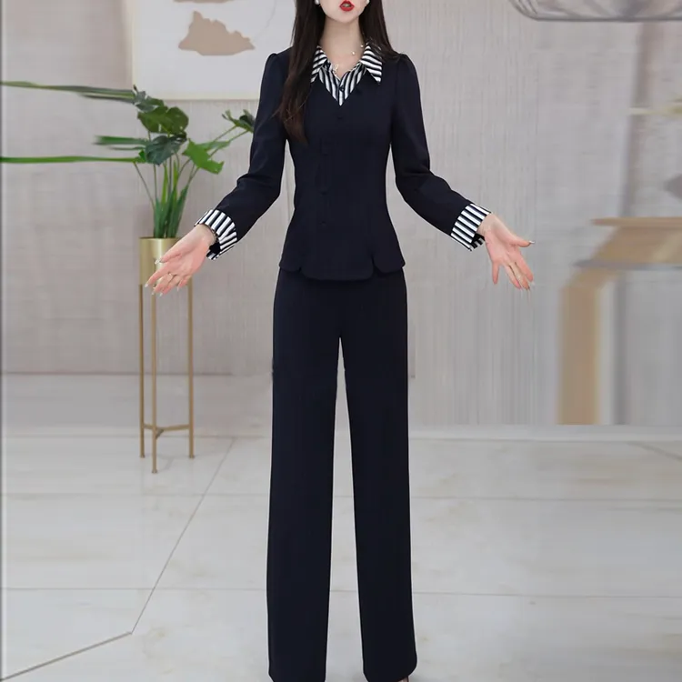 气质时尚拼接条纹休闲套装女2025秋季新款高端精致显瘦两件套裤子