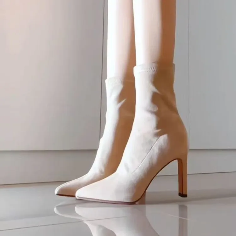 杏色高跟短靴女2025年秋冬新款绒面细跟尖头高跟鞋粗跟弹力袜子靴