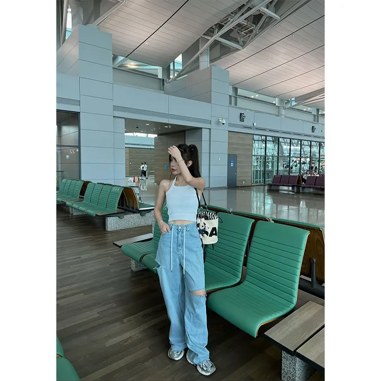 韩系度假风休闲百搭时尚高级感露背挂脖背心上衣高腰直筒牛仔裤女