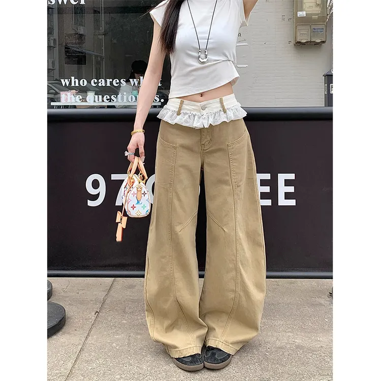 韩系风蕾丝花边拼接牛仔裤女夏季新款高腰设计感卡其色阔腿长裤子