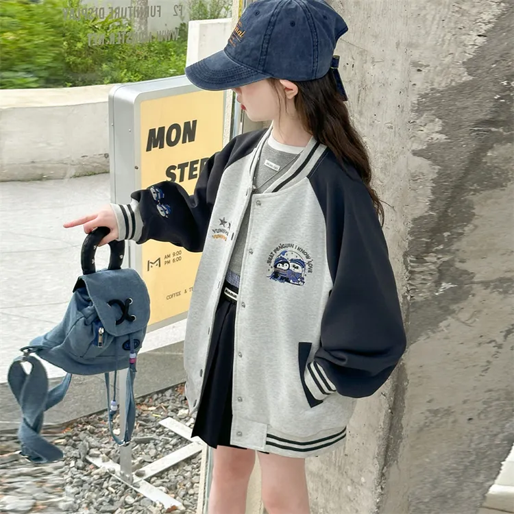 女童秋装拼色棒球服2025新款儿童休闲开衫中大童时髦插肩袖外套潮