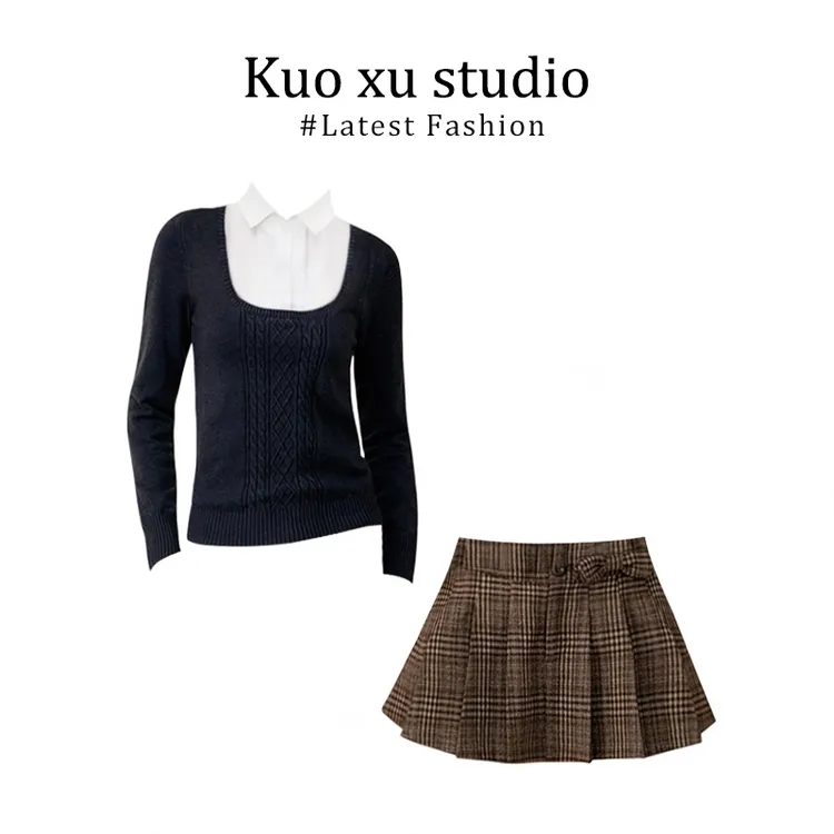 高腰复古格纹半身百褶裙韩系ins拼接假两件衬衫领短款针织衫上衣