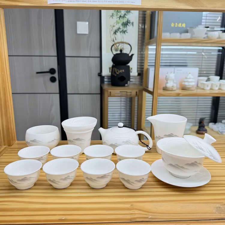底标水墨群山羊脂玉白瓷凤鸣壶悬停盖碗茶杯茶具套装 安全包装