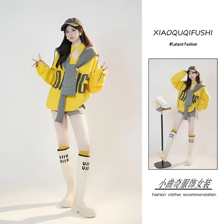 冬季穿搭一整套装女韩版2025年爆款超洋气宽松毛衣围巾短裤三件套