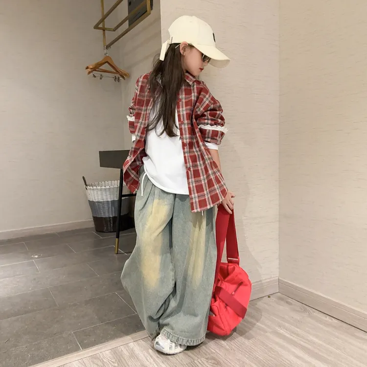 女童春秋套装2025新款洋气格子衬衫上衣女孩百搭阔腿复古牛仔裤