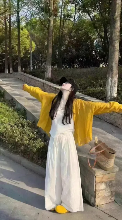 韩系新款套装夏黄色防晒衬衣百搭背心亚麻阔腿裤