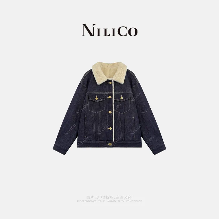 NILICO【酷女孩】原牛撞色线设计感加绒加厚保暖显瘦牛仔外套
