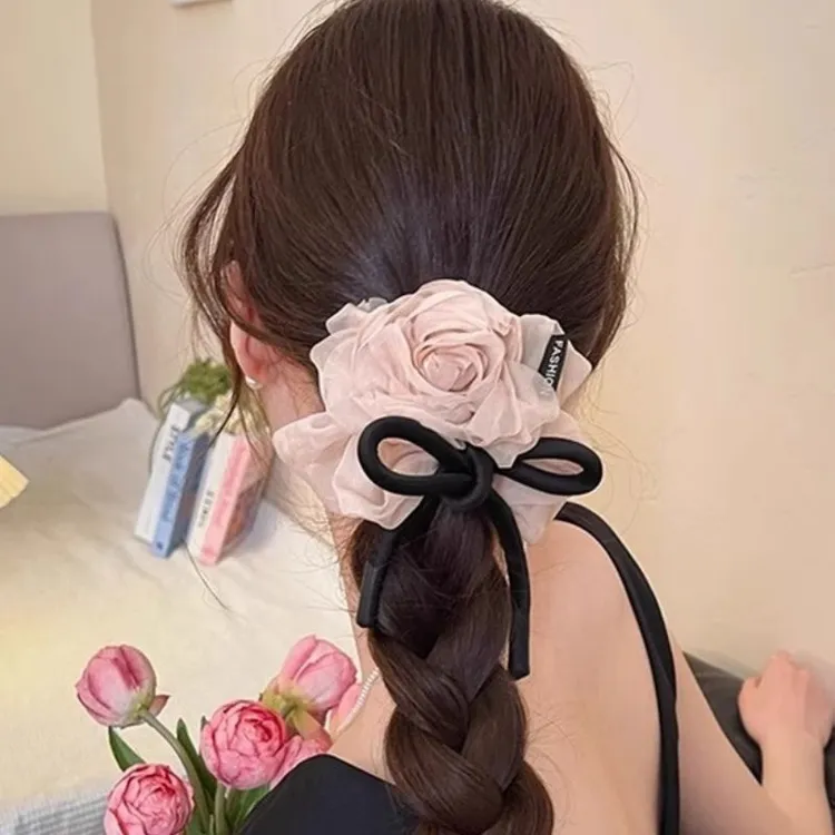 纱感法式软纱花朵蝴蝶结大肠发圈仙女头绳温柔优雅马尾发绳氛围