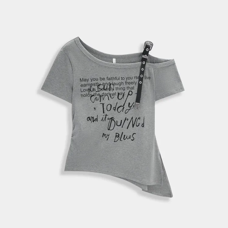 爱家字母短袖T恤斜肩宽松美式上衣灰色泰式国风法式