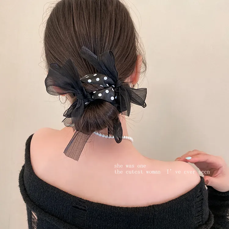 韩系黑色波点大肠发圈女2025新款头花慵懒风头绳高级感丸子头发饰
