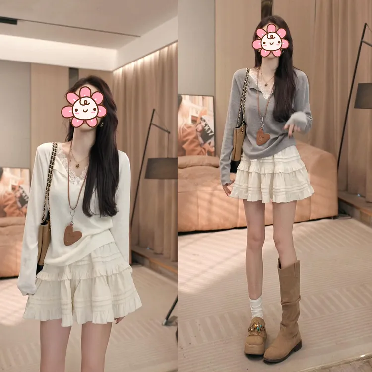网红洋气炸街女装减龄套装2025新款蕾丝拼接修身T恤+蓬蓬半身裙秋