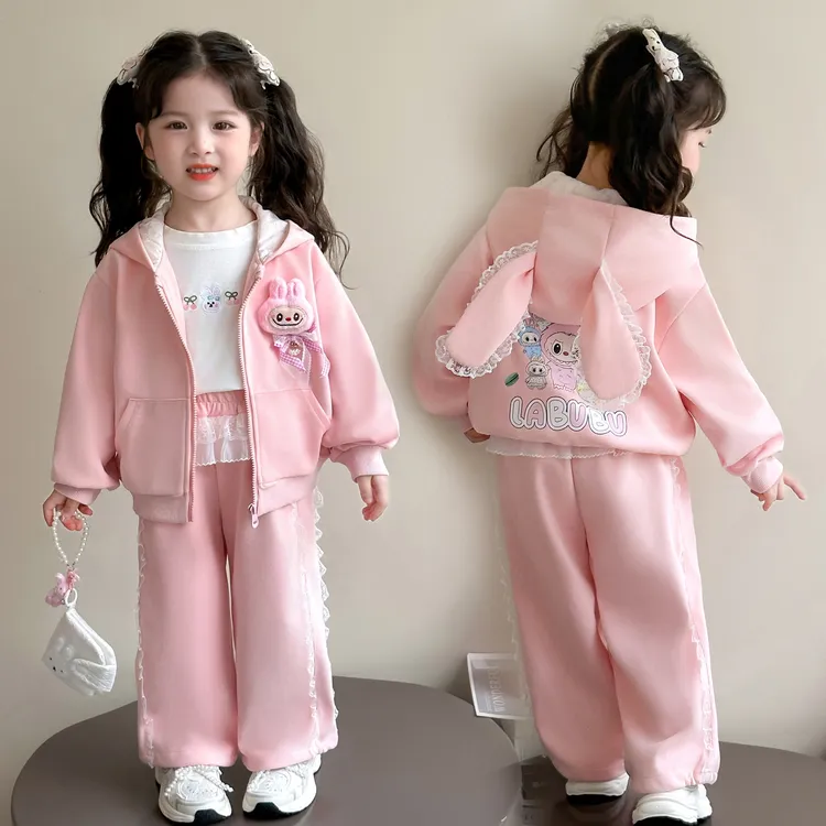 女童lAbubu卡通套装春秋2025新款洋气女孩时髦连帽耳朵开衫两件套