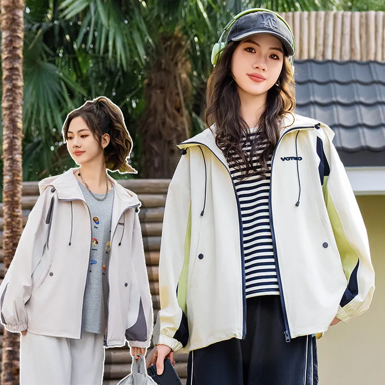 初中生春秋季休闲拼色风衣2025新款少女孩大童高中学生冲锋衣外套