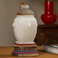 清代 玉雕兽面纹四系赏瓶配玛瑙瑞兽钮盖 古董艺术品