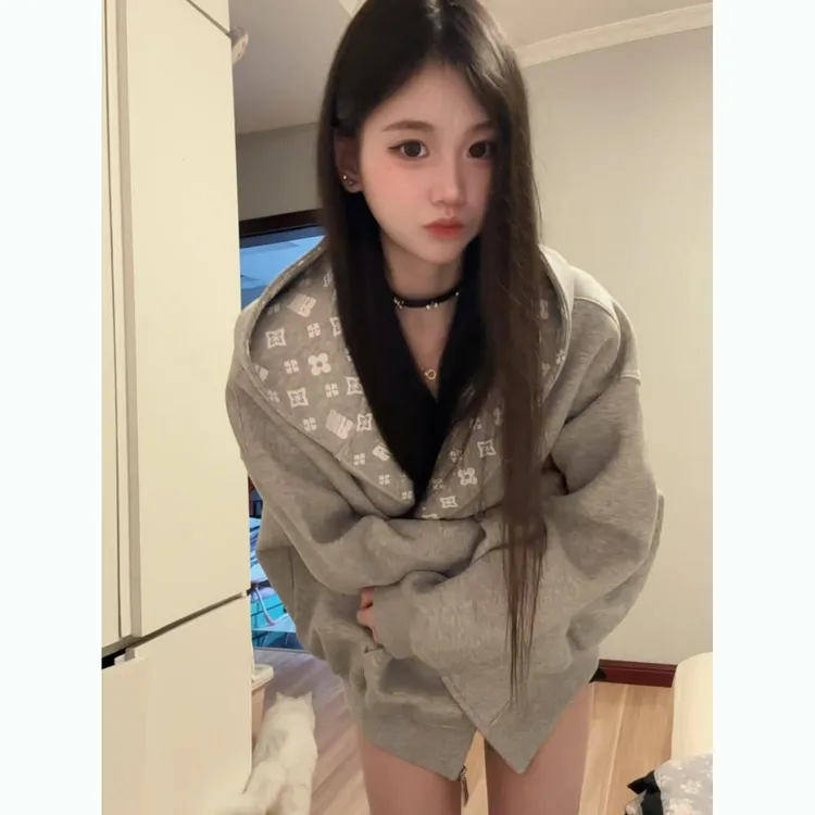 欧美高街感连帽卫衣女2025秋冬季休闲百搭加绒加厚拉链开衫外套潮