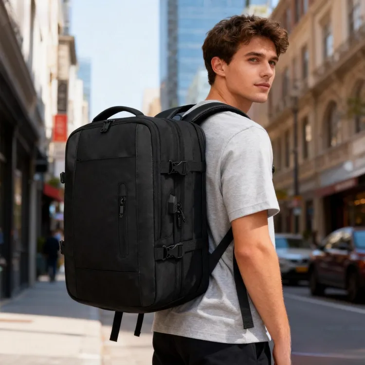 爱财旺商务旅行多功能电脑包拉链伸缩男士双肩包初高中大学生书包