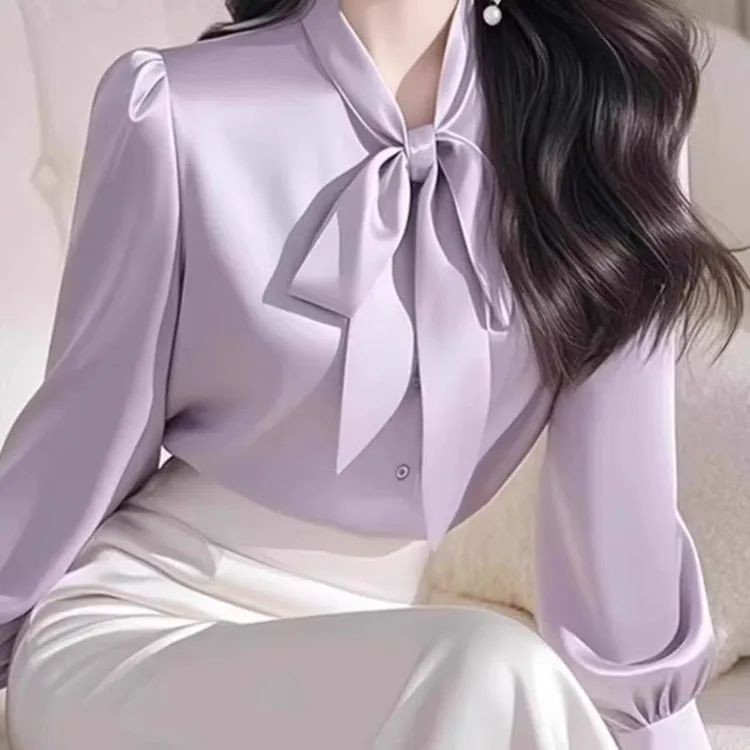 洋气女情侣装缎面抽绳春秋女春装感时装通勤衣服职业气质飘带上衣