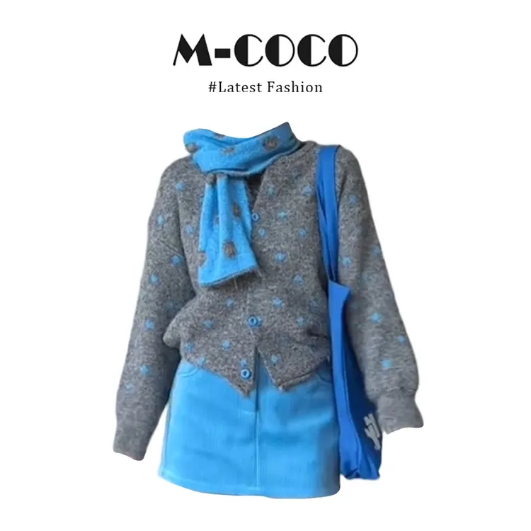 INS CEC韩系小香风波点设计感针织开衫外套蓝色显瘦半身裙套装