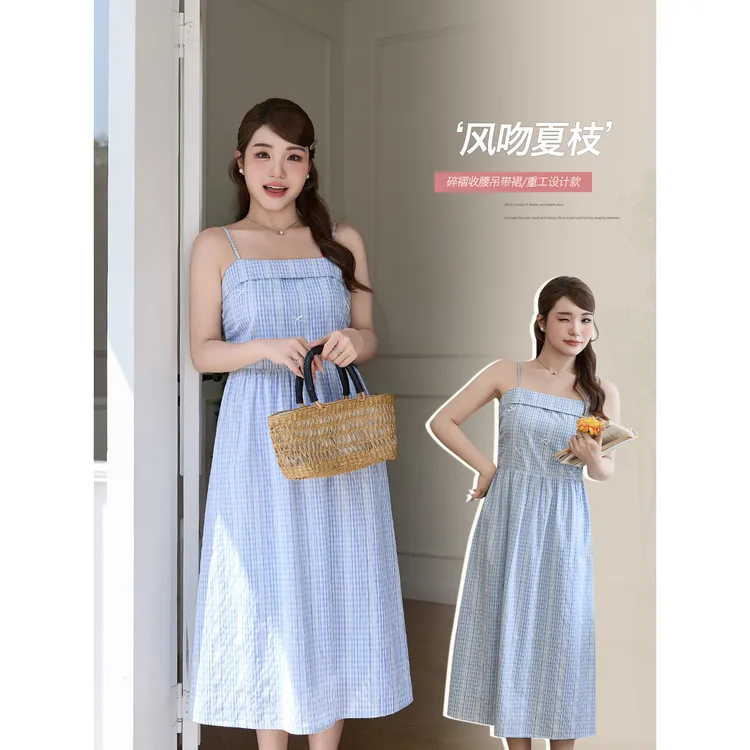 韩系气质提花格纹吊带裙夏季胖mm大码设计感收腰显瘦连衣裙63778