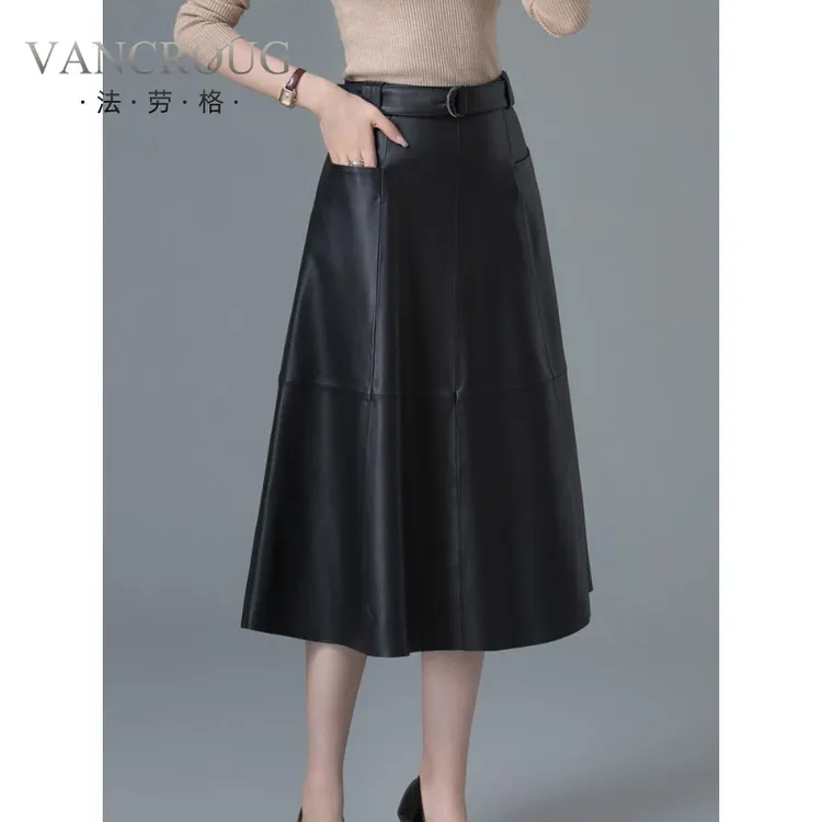 法劳格高端真皮皮裙女百搭 A字版型半身裙2025新款绵羊皮气质收腰