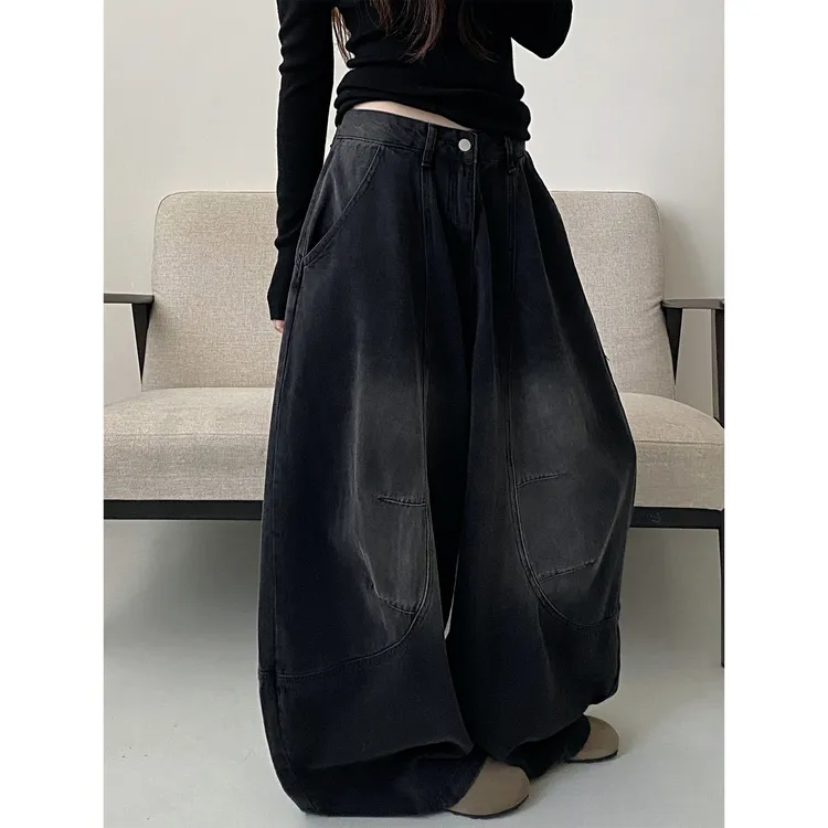 美式复古弯刀牛仔裤女秋冬新款高腰宽松显瘦设计感裁片结构阔腿裤