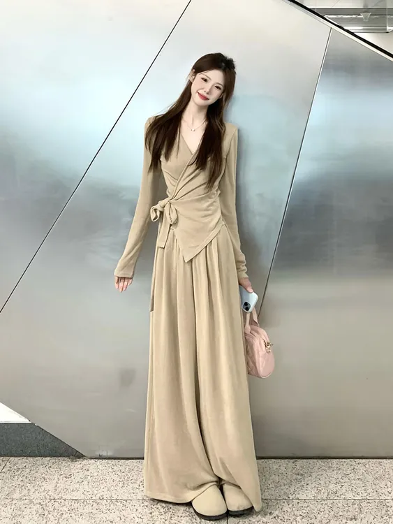 纯欲风小众设计感不规则春秋冬绑带v领长袖上衣休闲阔腿裤两件套
