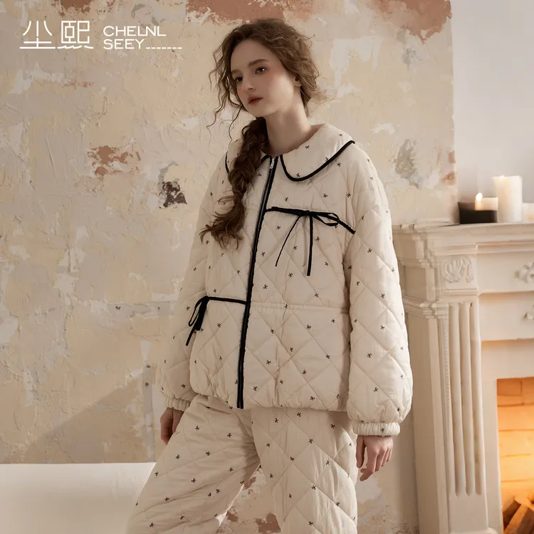 尘熙女士睡衣冬天三层夹棉加厚全棉保暖冬天法式甜美家居服可外穿