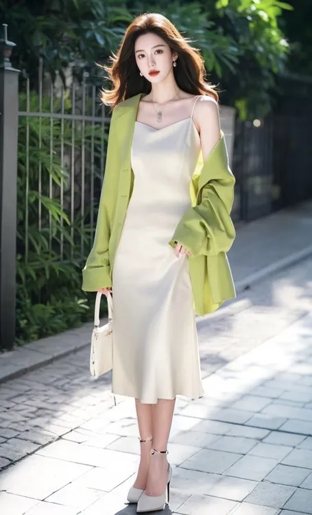 SS636超火春多巴胺穿搭高级感独特漂亮小香风绿色衬衫连衣裙套装