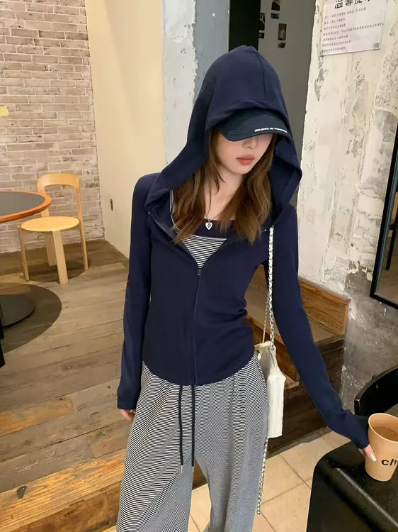 CHUMIAN/初棉语录正肩纯欲显瘦连帽双拉链开衫外套女百搭上衣