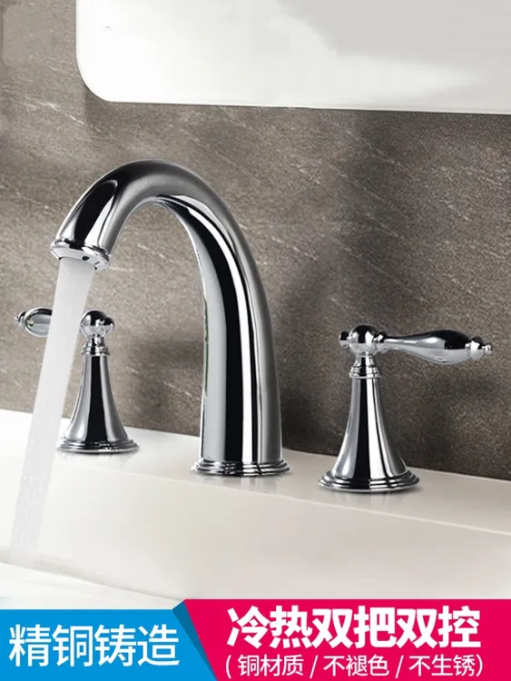 欧式金色全铜双把三孔洗脸盆汽车卫生间冷热水分体式水龙头洗手池