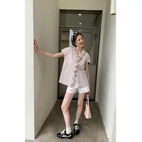 EGGKA【现现】肌理感花边V领粉条纹短袖衬衫法式气质E25A6514YM
