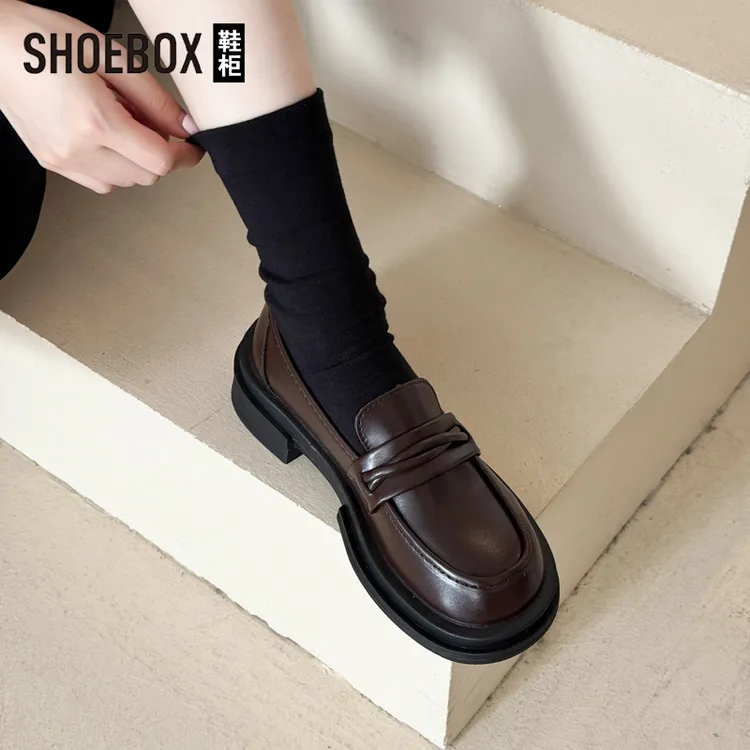 SHOEBOX鞋柜厚底英伦风乐福鞋女2025新款一脚蹬女鞋法式小皮鞋