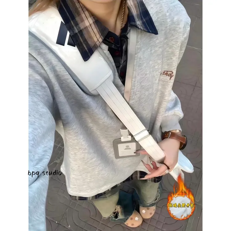 秋冬升级款假两件拼接衬衫领卫衣美式复古格子上衣学院风情侣外套