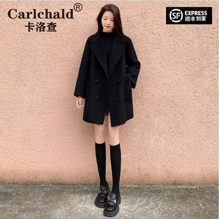 卡洛查（CARLCHALD）毛呢外套春秋冬新款韩版宽松西装黑色大码感小