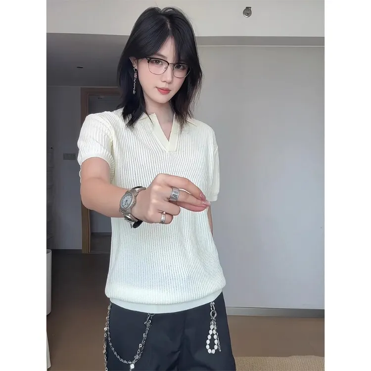 肌理感针织v领短袖男夏季老钱风美式复古翻领t恤痞帅半袖