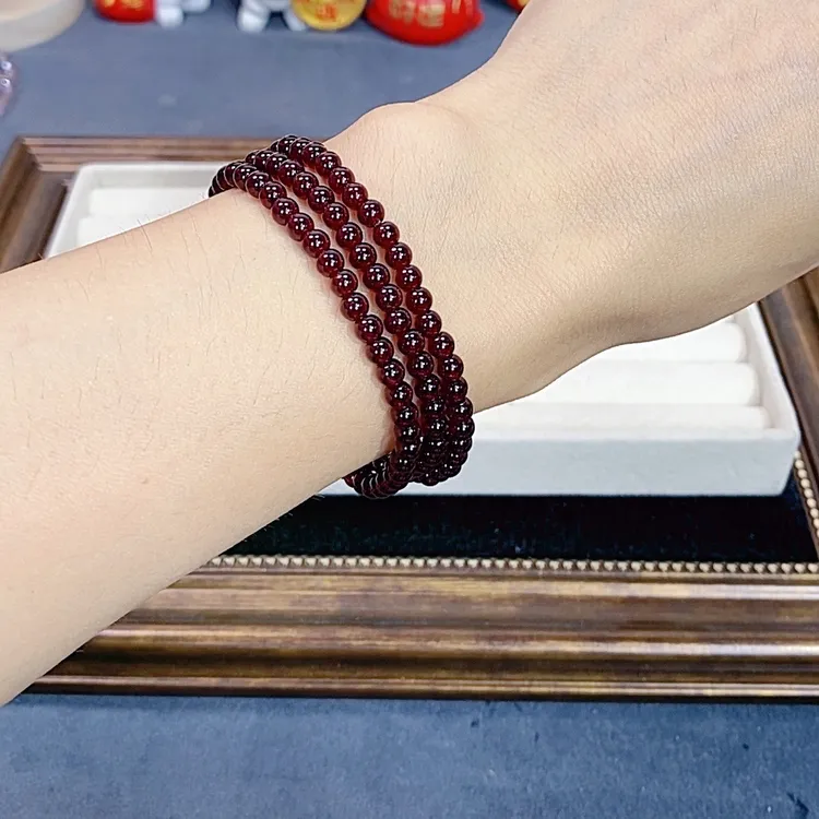 琉璃手链 860深酒红色4MM三圈迷你珠精美秀气手串女款不褪色