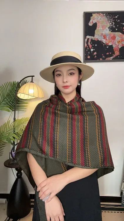 【复古条纹】130*130手工卷边大方巾大丝巾围巾优雅披肩优雅民族女
