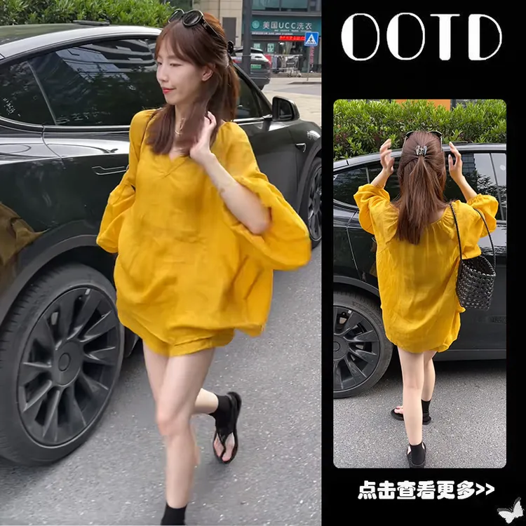 超火夏季穿搭一整套2025新款韩版黄色V领防晒衬衫高腰短裤两件套