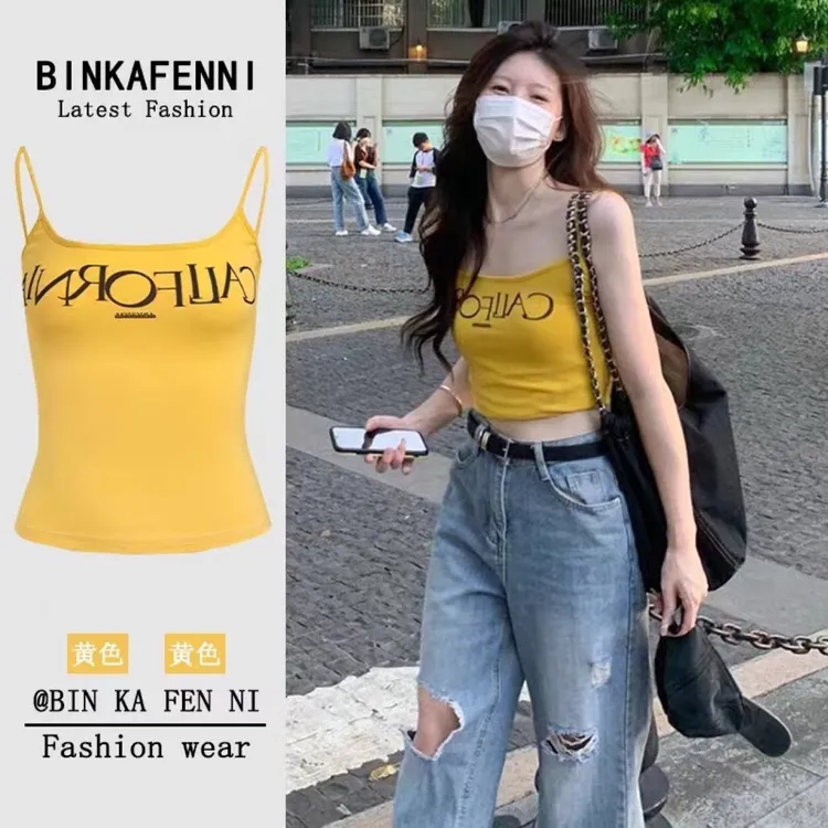 2038#新款美式复古吊带背心字母印花带胸垫甜辣妹修身纯欲上衣女