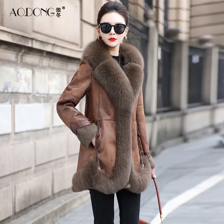 海宁新中式兔毛皮草一体外套女狐狸毛领修身中长款中国风大衣冬季