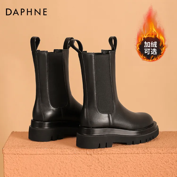 达芙妮马丁靴女爆款2025秋冬中筒切尔西女靴英伦风时尚黑色烟筒靴