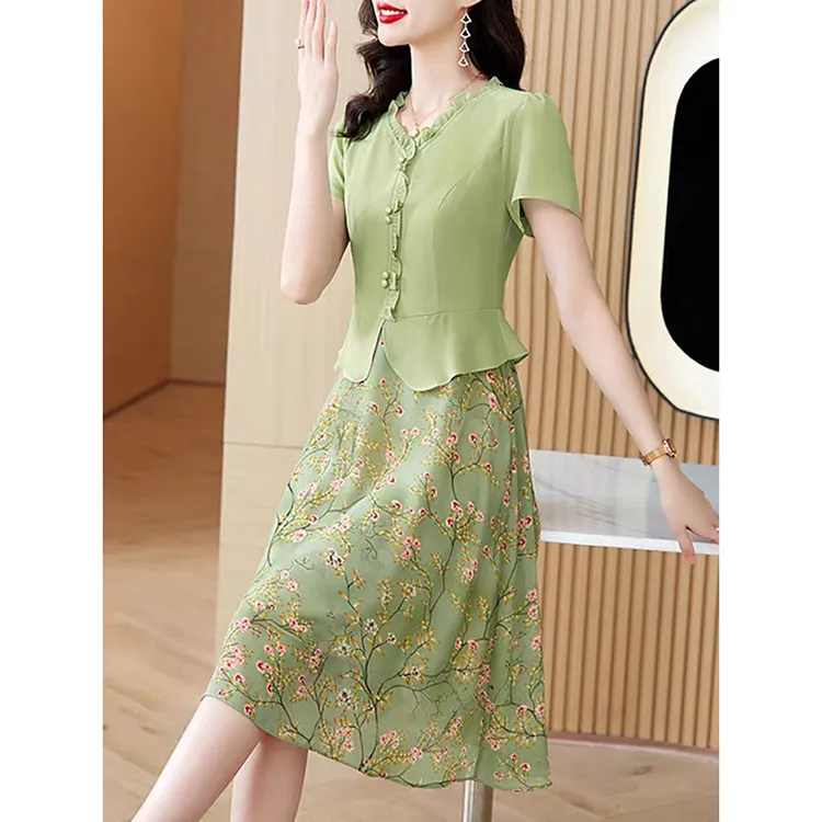 碎花雪纺连衣裙女士夏季2025新款假两件时尚气质妈妈装短袖中长裙