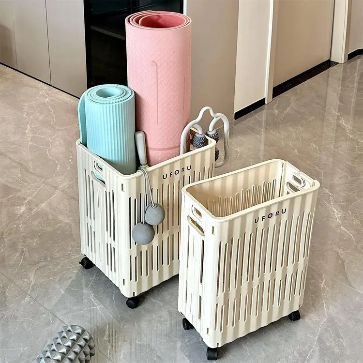 瑜伽垫收纳筐带轮家用球类羽毛球拍置物架运动工具健身器材收纳架