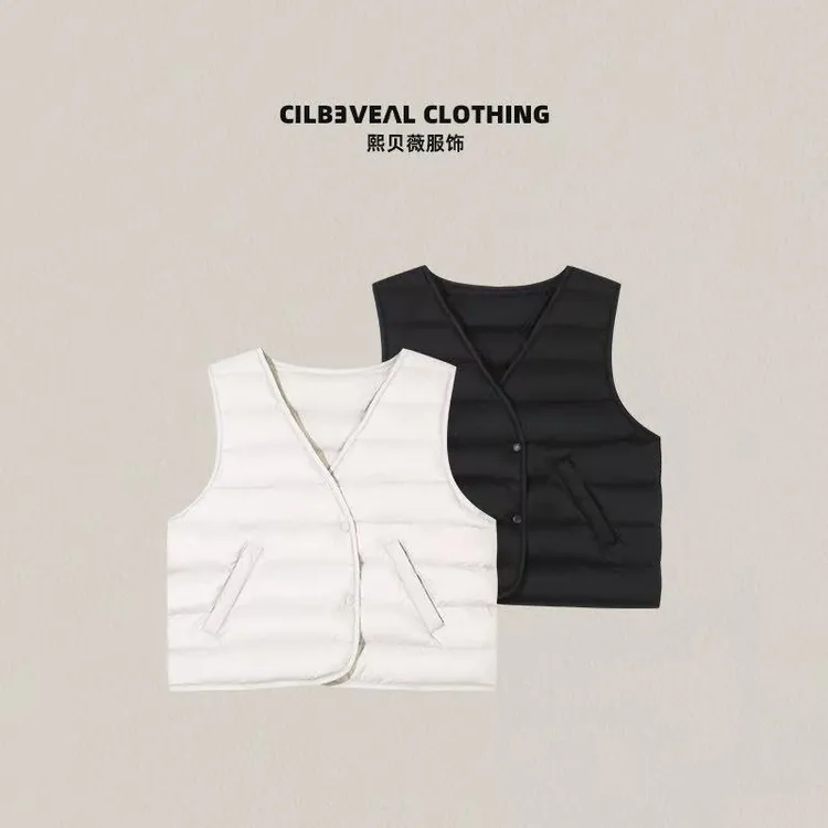熙贝薇7 新国标90白鸭绒V领无袖排骨羽绒服轻盈背心马甲 G5865