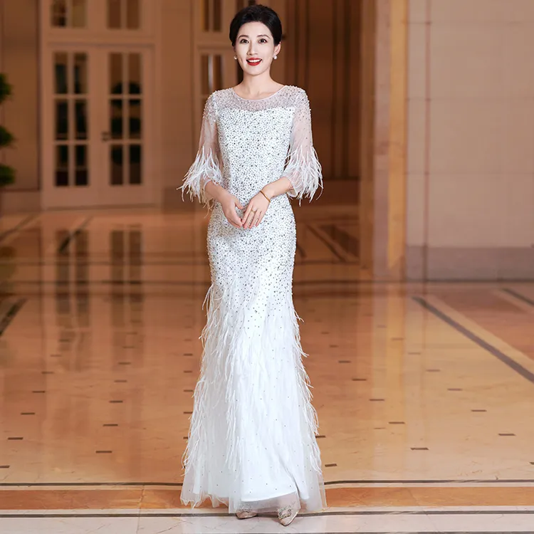 6018年轻高定贵气妈妈婚宴礼服聚会演出主持人敬酒白色晚礼服长裙