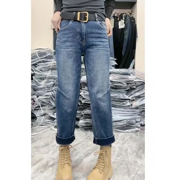 2025春季新款高腰直筒女装牛仔裤女大码mm弹力显瘦烟管九分裤