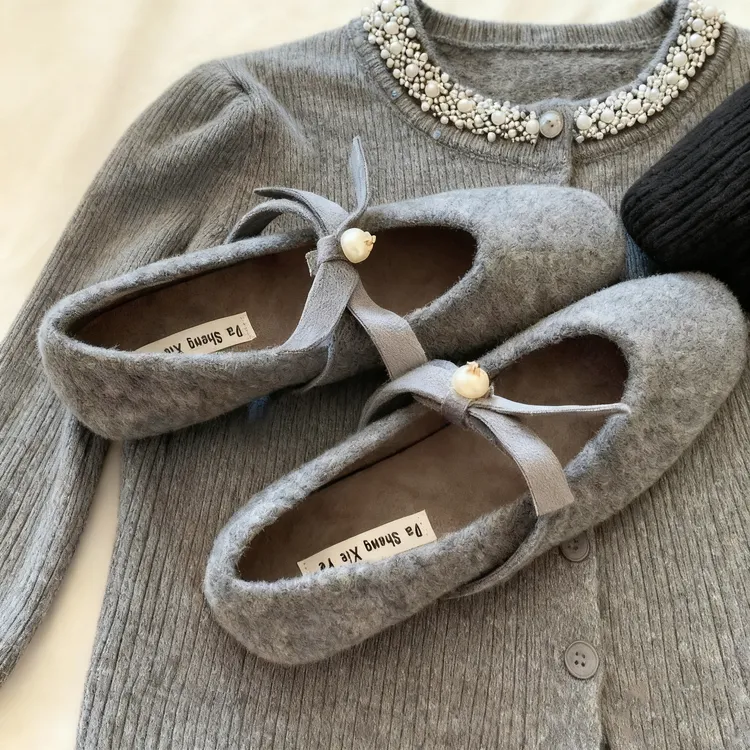 优雅！温柔！智性灰~INS老钱千金毛呢玛丽珍鞋女2025秋冬气质单鞋