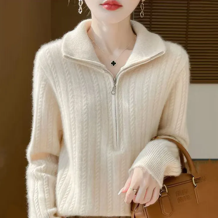 2025年秋冬新款羊毛七针加厚翻领半拉链绞花纯色保暖打底衫上衣