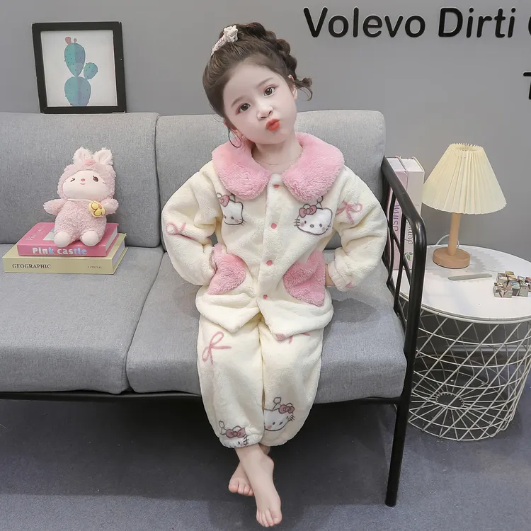 儿童珊瑚绒睡衣女孩秋冬季加厚2025新款宝宝法兰绒套装女童家居服